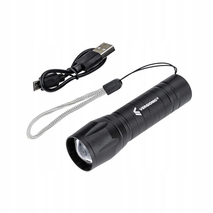 Тактическо LED фенерче, Vergionic, Алуминий, 3 режима, 6500 K, USB акумулаторно, черно