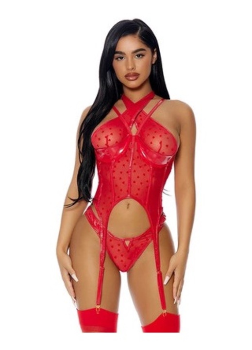 ForPlay szexi fehérnemű szett, fűző szívvel, kontrasztos harisnyakötőkkel, piros, szintetikus