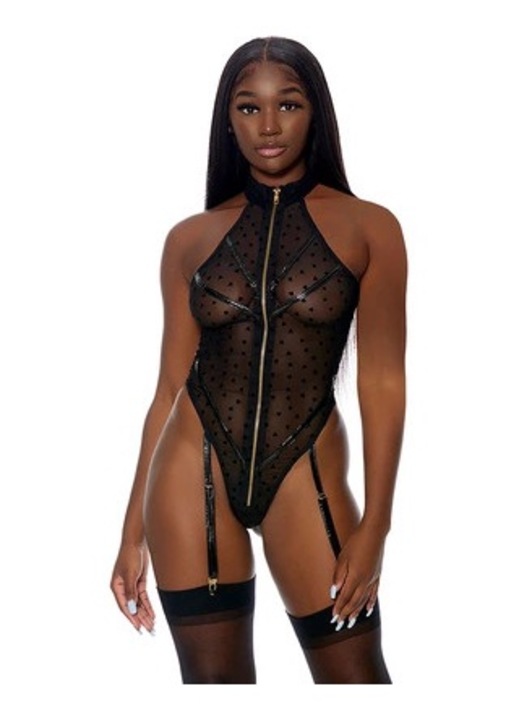 ForPlay High Neck Flocked Hearts Harisnyatartó csipke body, fekete, XL INTL