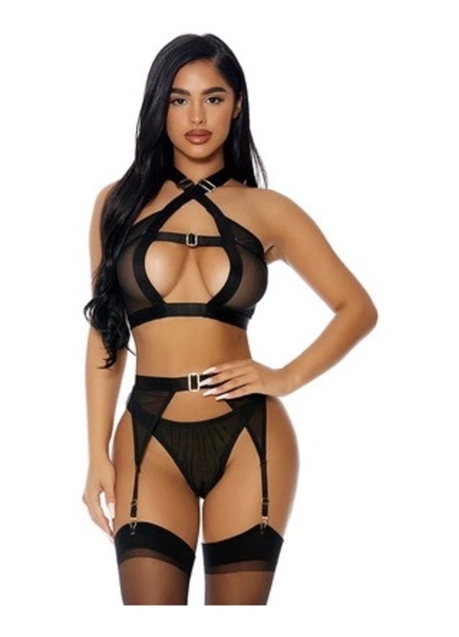 Szexi fehérnemű szett, ForPlay, 3 részes, fekete, szatén és csipke, XL INTL