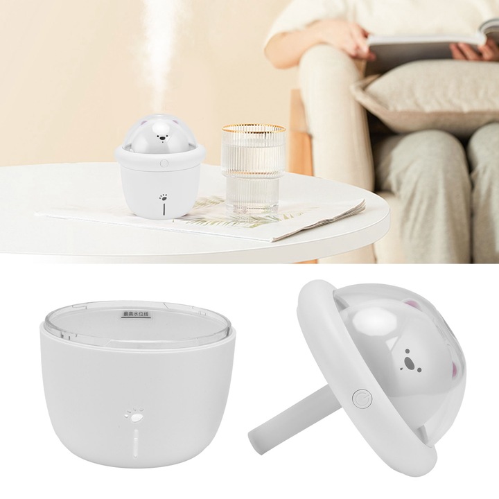 Longziming légpárásító, aranyos dizájn, 200 ml-es űrtartalom, USB tápegység, fehér, 4 órás folyamatos permetezés, 8 órás szakaszos permetezés