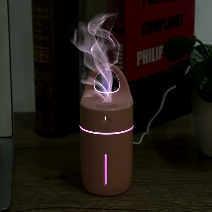 Hordozható párásító USB-vel, Longziming, csésze alakú, 175ml, színes éjszakai fény, fehér/rózsaszín/kék