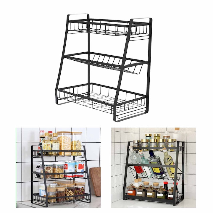 Jormftte fűszertartó állvány, 3 szintes, fém, állítható, fekete, 35x19x37.5cm