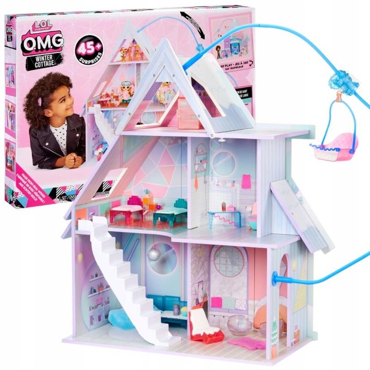 Set Casuta De Papusi Din Lemn Cu Accesorii, Mga, Fabricata Din Lemn Durabil, Durabil, De Inalta Caliate, Doua Etaje Plus Parter, Cinci Camere, Telescaun Functional, 81 x 100 cm