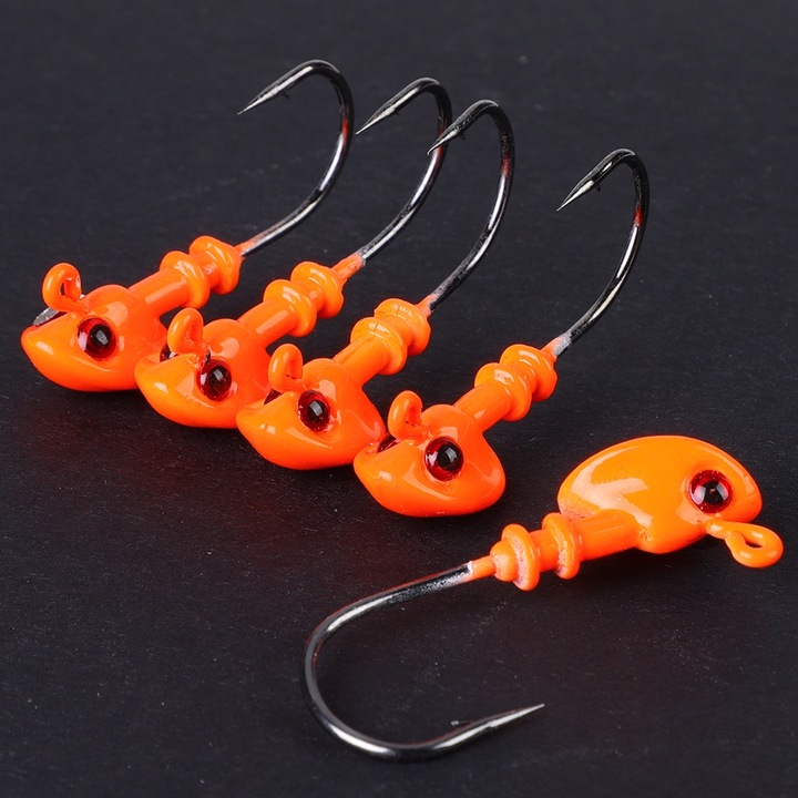 5 db-os fém horgászhorog készlet fejjel puha csalihoz, 2 szín, 3D, 5x5cm