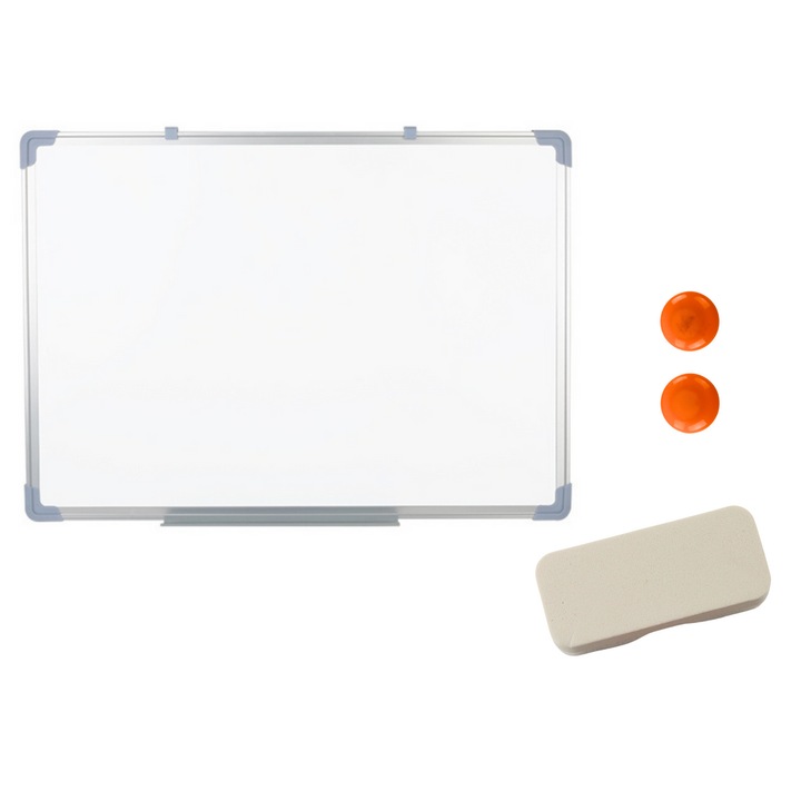 Set tabla magnetica, alba, cu suprafata usor de sters, 45x60cm, cu 2 magnetiburete