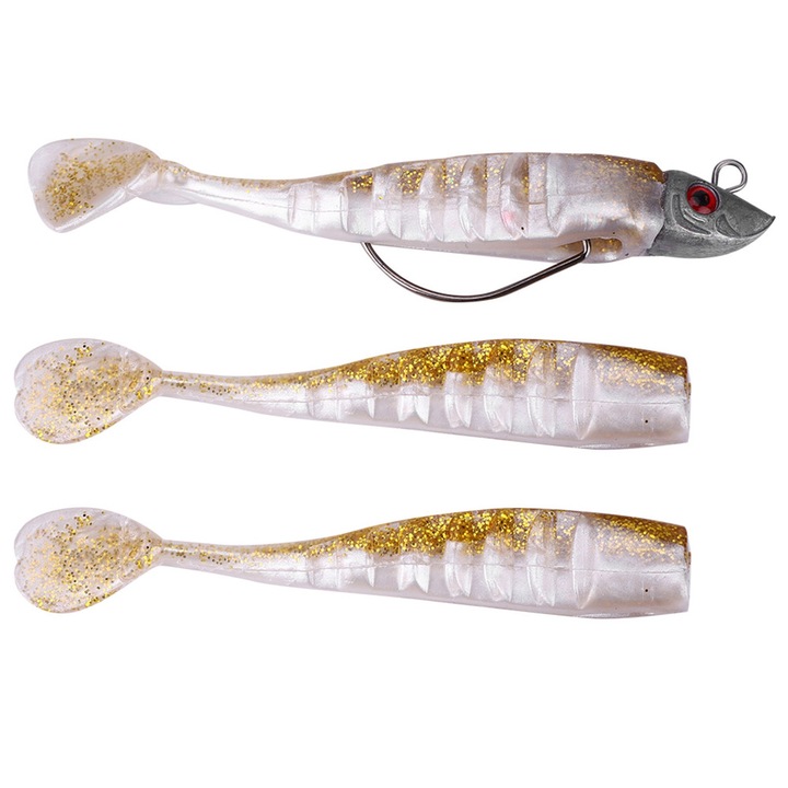 Műcsali készlet, Enforose puha csalik jig fejjel 3 db, műcsali tengerparti horgászathoz és csónakos csalikhoz (fehér és sárga)