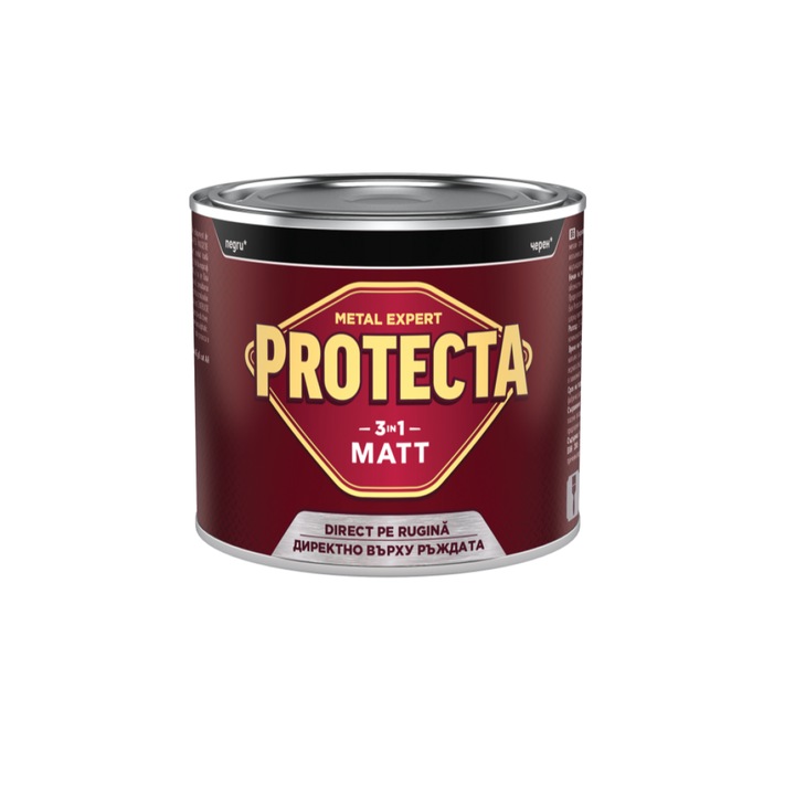 Боя за метал 3в1 Protecta, За черни метали, Преобразува ръжда, Мат покритие, 0.5Л, Черен