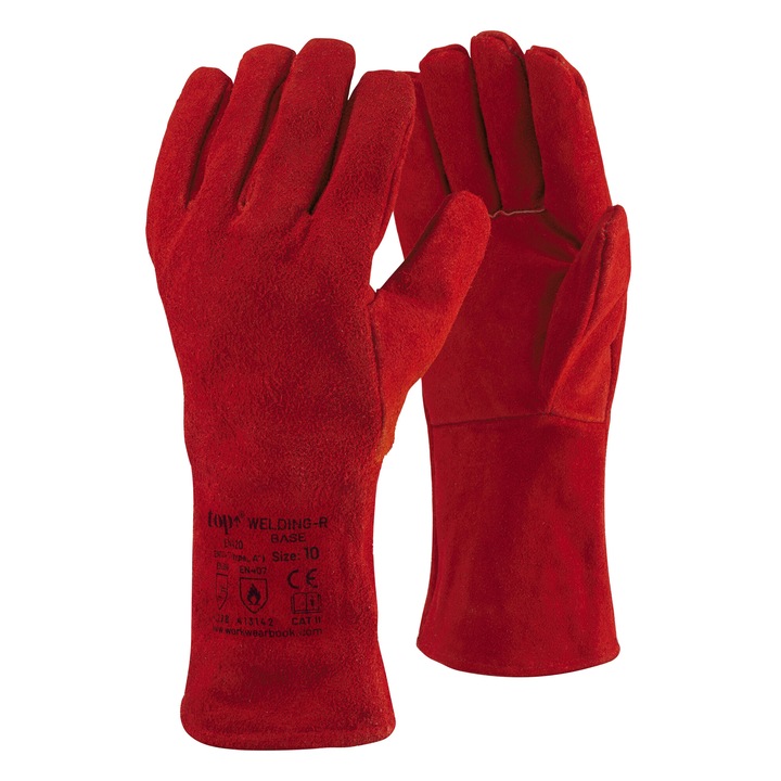 TOP WELDING-R Base bélelt hegesztőkesztyű, erős marhabőr, piros, méret: 10