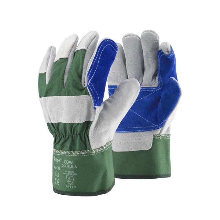 Защитни ръкавици от говежда кожа TOP COW DOUBLE-A, качество "А", двоен слой на дланта, зелено/бяло/синьо, размер: 3XL/12
