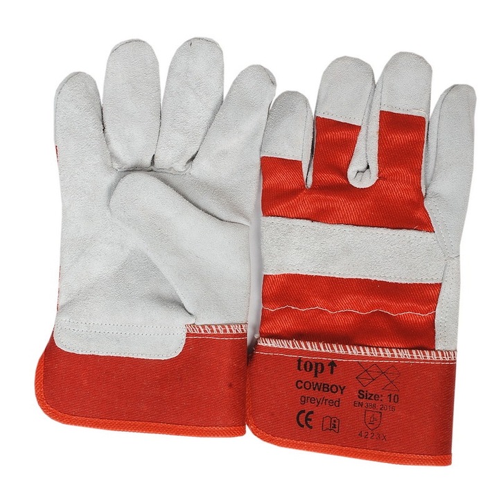 Защитни ръкавици TOP COWBOY от телешка кожа, памучен гръб, защита на артериите и костите на юмрука, бяло/червено, размер: 2XL/11