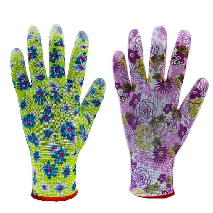 TOP PU FLOWER Защитни ръкавици с потапяне от PU, гумиран маншет, шарка на цветя, лилаво, размер: XL/10