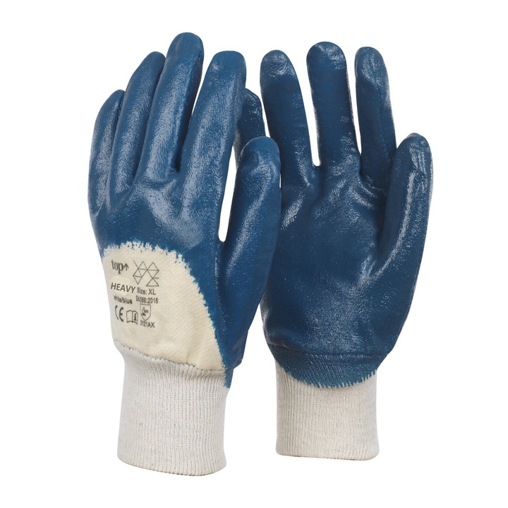 Защитни ръкавици TOP HEAVY, потопени в нитрил, на памучна основа, силна устойчивост на абразия, тъмно сини, размер: M/8