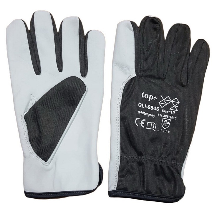 Предпазни ръкавици TOP LASARC OLI-9846, Овча кожа, Сатенен гръб, Гумиран маншет, Черен/Бял, L/9