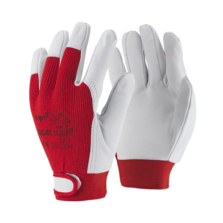 Ръкавици за шофиране TOP GOAT от козя кожа, памучен гръб, гумиран маншет с велкро, бяло/червено, размер M/8