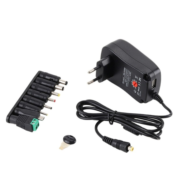 Univerzális AC / DC adapter tápegység 8 fejjel, 30 W, Többfunkciós tápegység, állítható, univerzális töltő, háztartási gépek, 3V-tól 12V-ig, Nyomás- és leesésállóság, Fekete