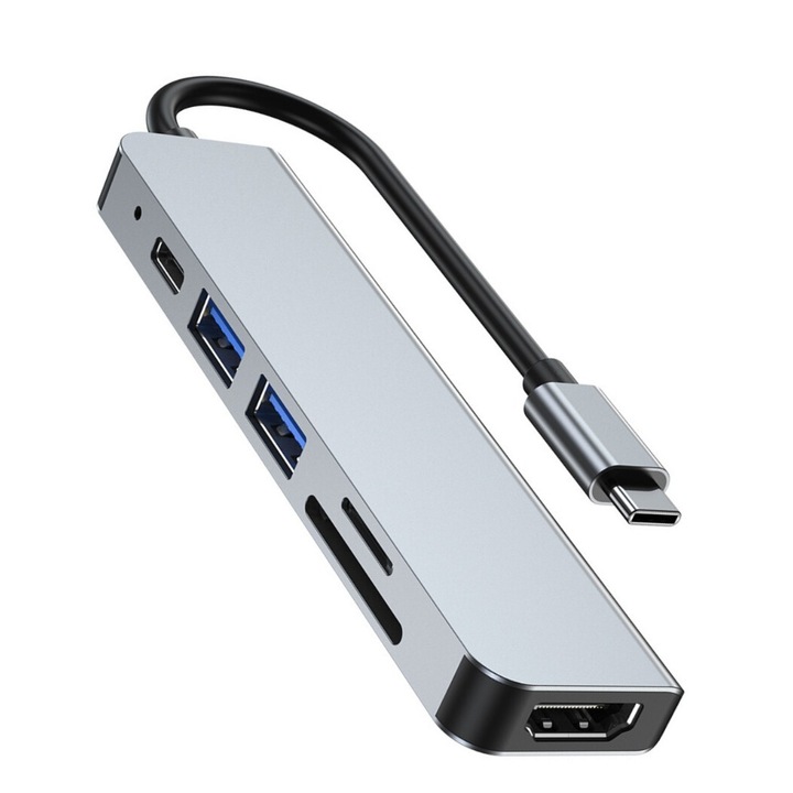 Универсална докинг станция 6 в 1, Spacer, Type-C връзка, USB 3.0 x 2, PD 3.0(87W), 4K(30Hz), SD карта, TF (за MicroSD карта), HD 4K докинг станция за игрови конзоли, мобилни телефони , компютри, алуминий, сив