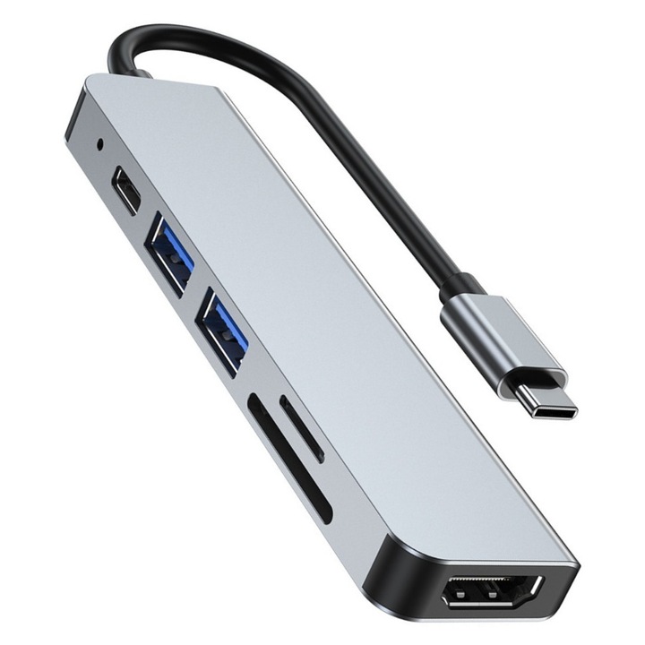 Docking station universal 6 in 1, Spacer, conectare Type-C, USB 3.0 x 2, PD 3.0(87W), 4K(30Hz), SD card, TF(pentru MicroSD card), Statie de andocare HD 4K pentru console de jocuri, telefoane mobile, computere, aluminiu, gri