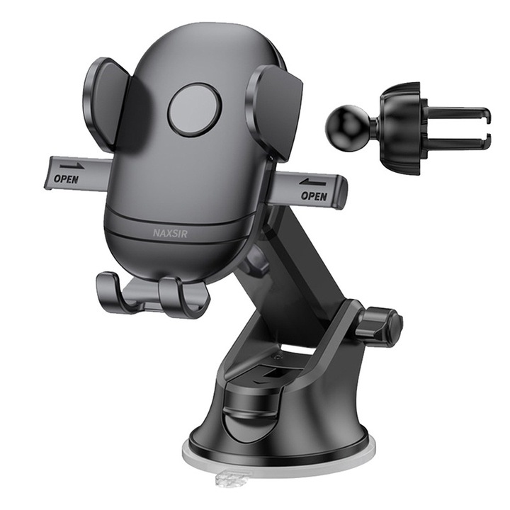 Suport Auto 2 in 1 NAXSIR Ventuza Premium, Montare Parbriz/Bord + Ventilatie, Brat Reglabil 360° Stabilizat Anti-Vibratii‌, Sistem Triunghiular de Fixare cu Blocare 1-Click, Universal (Toate Telefoanele) | Negru