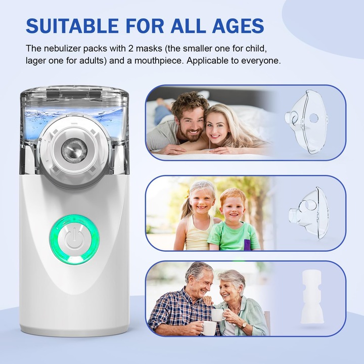 Aparat Aerosoli Excitat®, Portabil, Nebulizator, 2 Moduri Ajustabile, Ultrasonic, Zgomot Redus, Super Silentios, Tehnologie MESH, Cu 2 Masti Si Mustiuc, Alb