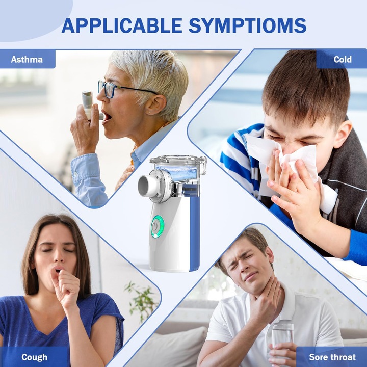 Aparat Aerosoli Excitat®, Portabil, Nebulizator, 2 Moduri Ajustabile, Ultrasonic, Zgomot Redus, Super Silentios, Tehnologie MESH, Cu 2 Masti Si Mustiuc, Alb
