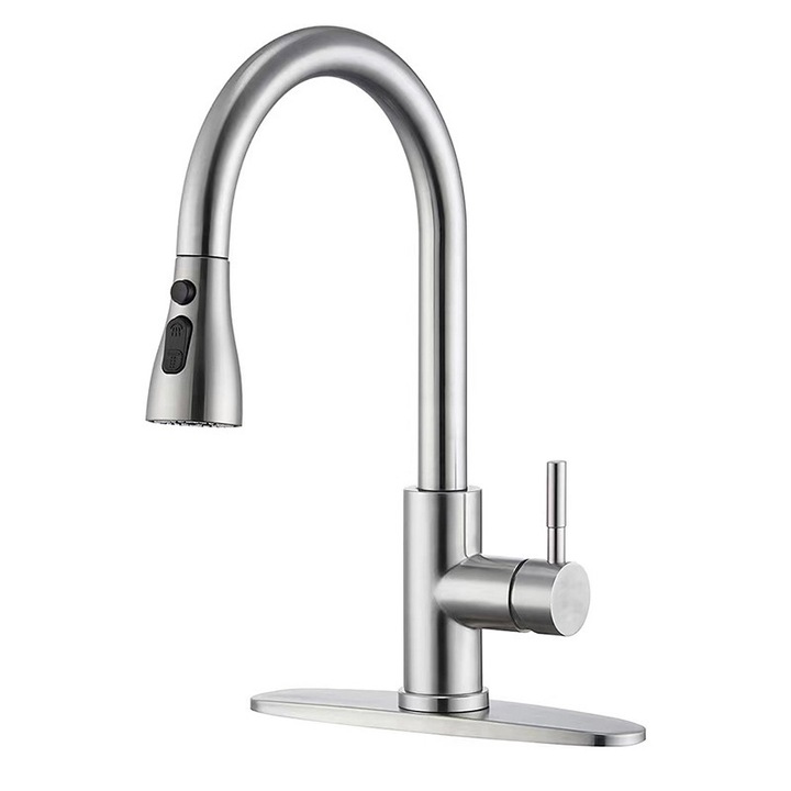 Смесител за кухня, Golxmse, с прибираща се дюза, 3 вида струя, неръждаема стомана, сребрист, 18 инча