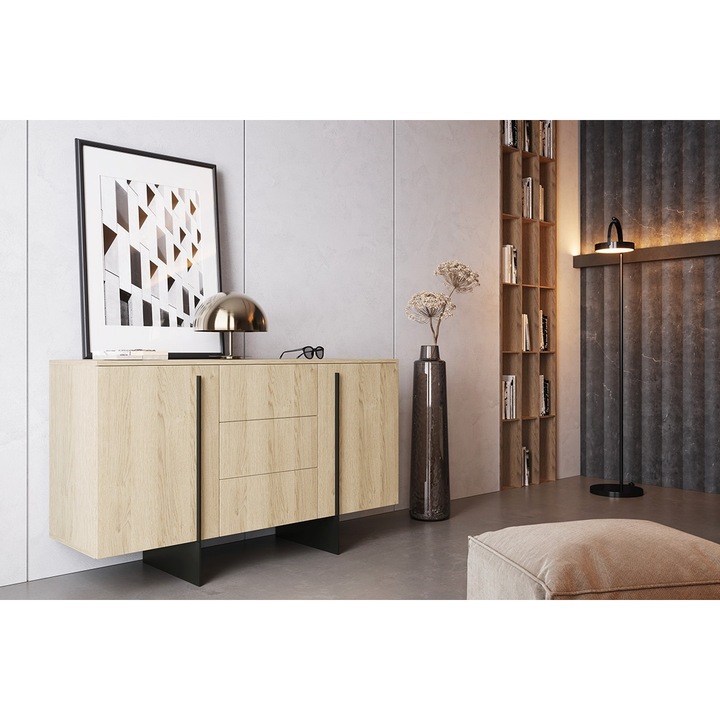 Comoda, Bogart, Larena, 150 x 45 x 87 cm, Cu 2 Rafturi, Cu 2 Usi, Cu 3 Sertare, PAL/HDF, Stejar/Negru