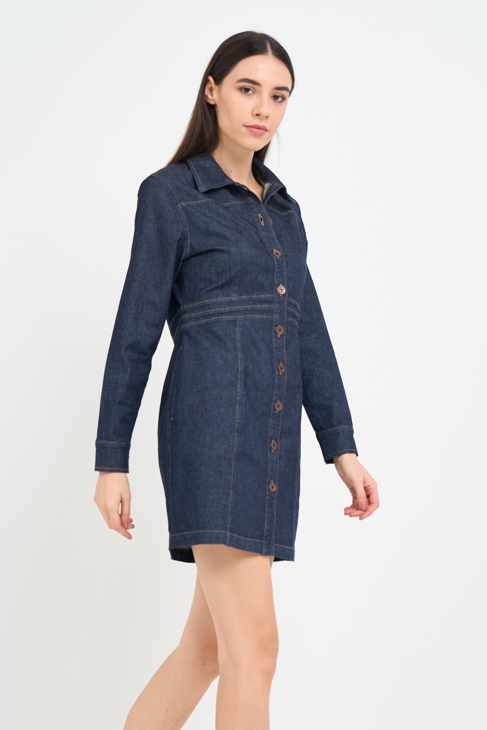 TIMEOUT, Rochie-camasa din denim cu maneci lungi, Bleumarin, 40