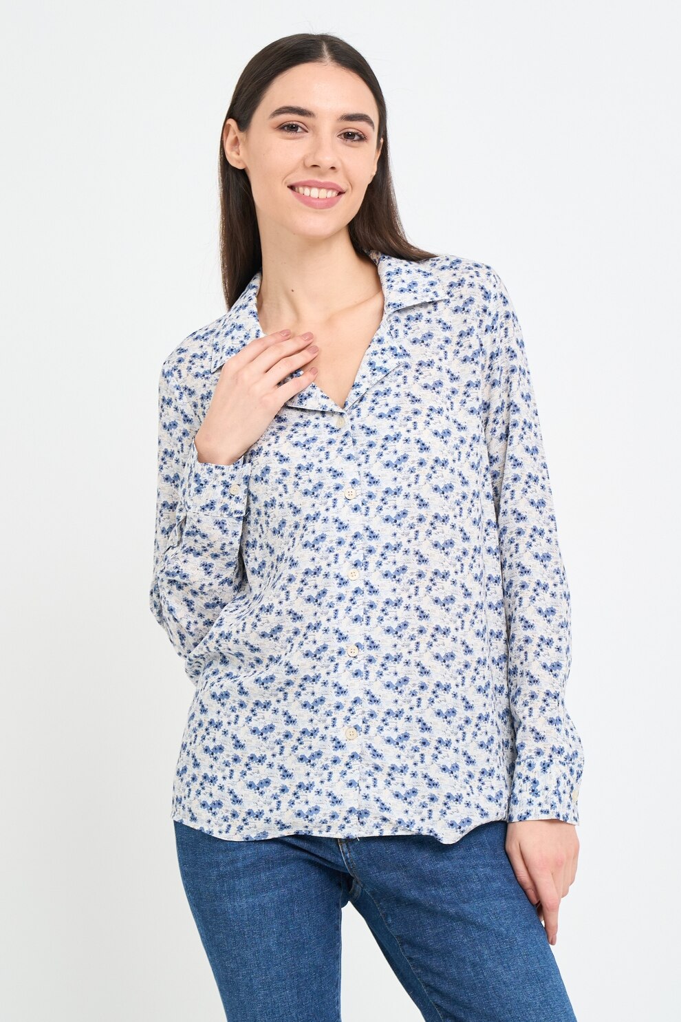 TIMEOUT, Camasa cu model floral si decolteu in V, Alb, Albastru inchis, XS