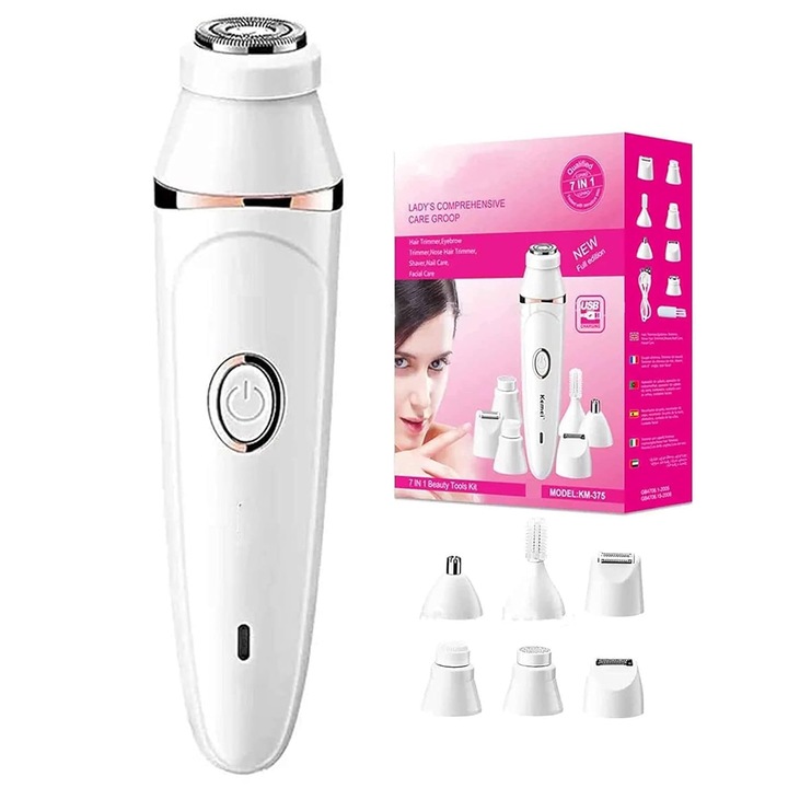 Епилатор за лице с USB зареждане, Axroad Mall, Wet & Dry, 7 в 1, безболезнен, подвижна епилираща глава, преносим, за мъже, жени, премахва космите от ръцете, краката, подмишниците, слабините, ABS, 14,5 см, бял