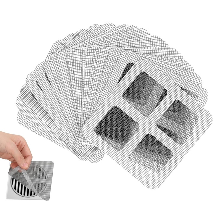 Filtru Scurgere, Axroad Mall, 60 de tablete, Autoadezive, Unica folosinta, Autocolant plasa, Potrivit Pentru scurgere din podea de baie, spalatorie, chiuveta, bucatarie, Fibra de sticla, 10 x 10cm, Gri