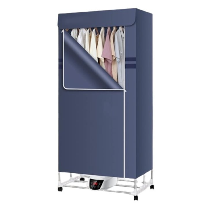Преносима електрическа сушилня за дрехи с колела, мултифункционална, интелигентна, двуслоен капак, 3 нива на нагряване, 1300 W, дистанционно управление, регулируем таймер, ниска консумация на енергия и шум, сгъваема, за закрито, 70x48x150 см, синя