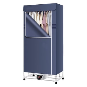 Uscator electric portabil cu roti pentru rufe, telecomanda, multifunctional, 1300 W, zgomot redus, pliabil, pentru interior, 70x48x150 cm, albastru