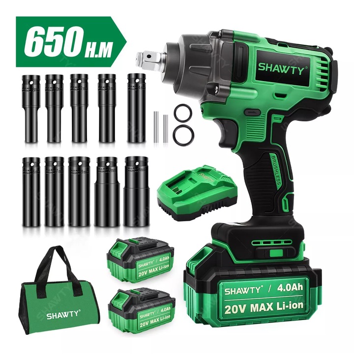 Безчетков ударен винтоверт, SHAWTY, S0066, 650Nm, с 2 батерии, 20V, 4 Ah, 0-1800rpm/0-2400rpm, 1/2 патронник, LED осветление, Черен/Зелен