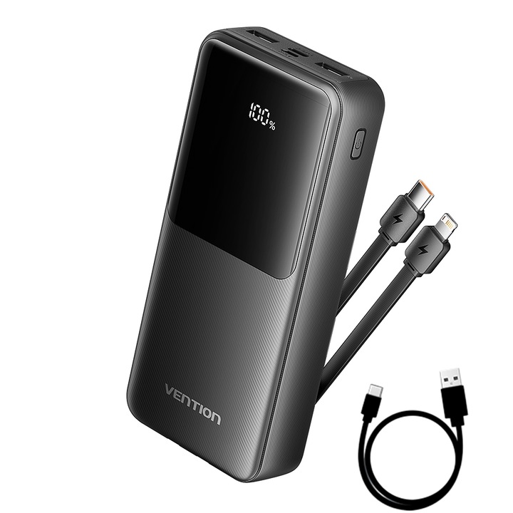 Външна батерия, VENTION, 20000mAh, 22,5W PD Fast Charge, 2 x USB/1 x USB Type-C интерфейс, 1 x USB Type-C/1x Lightning Cable, Цифров дисплей, Черен