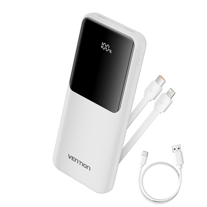 Външна батерия, VENTION, 10000mAh, 22,5W PD Fast Charge, 2 x USB/1 x USB Type-C интерфейс, 1 x USB Type-C/1x Lightning Cable, Цифров дисплей, Бял
