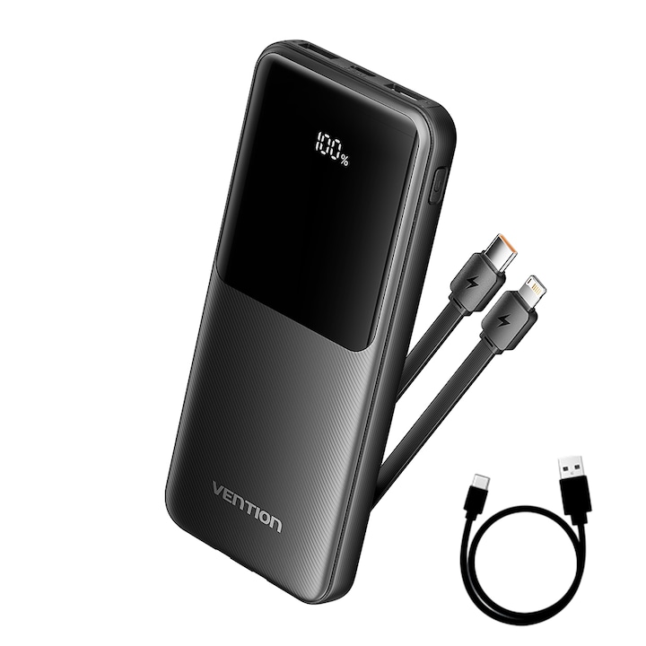 Външна батерия, VENTION, 10000mAh, 22,5W PD Fast Charge, 2 x USB/1 x USB Type-C интерфейс, 1 x USB Type-C/1x Lightning кабел, цифров дисплей, черен