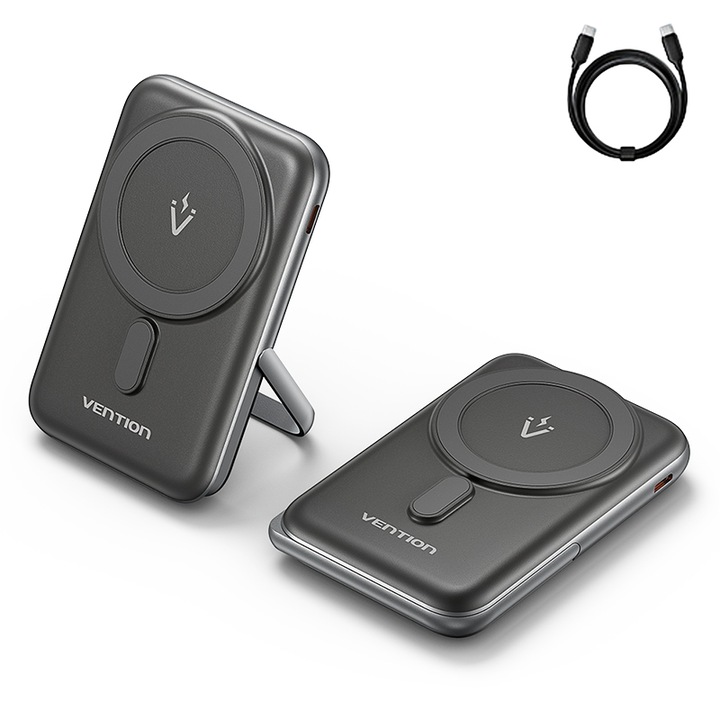 Безжична магнитна външна батерия 10000mAh, VENTION, 20W PD Fast Charge, USB Type-C, Може да се трансформира в стойка, Черна
