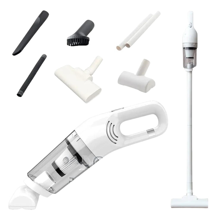 Aspirator fara fir, de mana, putere 120W, 2 moduri de utilizare, cu accesorii incluse, filtru HEPA, Wireless, alb