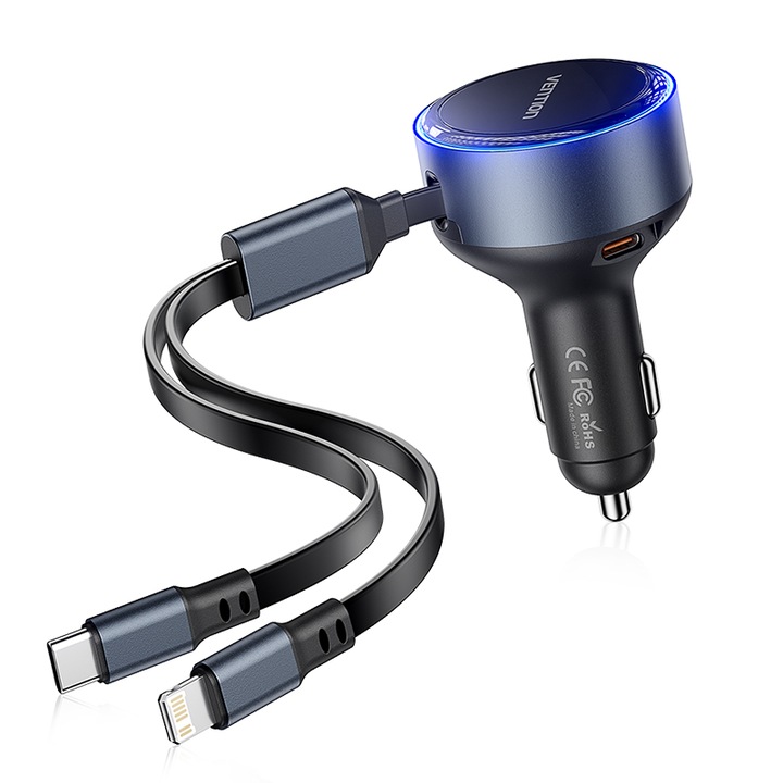 Зарядно за кола, VENTION, Бързо, 3 в 1 с USB C/Lightning кабел+USB C интерфейс, 60W, Черно
