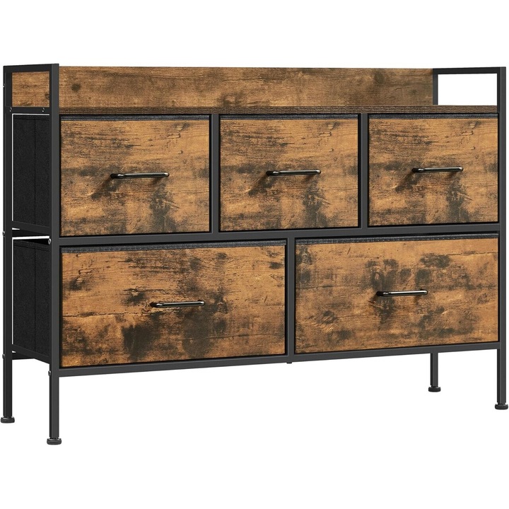 Fiókos komód 5 textil fiókkal, Vasagle, 98.2x29x70 cm, acél/MDF/poliészter, rusztikus barna