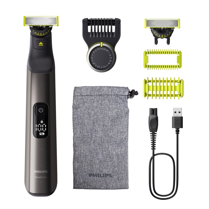 Тример за лице и тяло, Philips OneBlade Pro QP6552/15, Батерия, Автономия 120 мин., Дължина 0, 4-10 мм, Хром