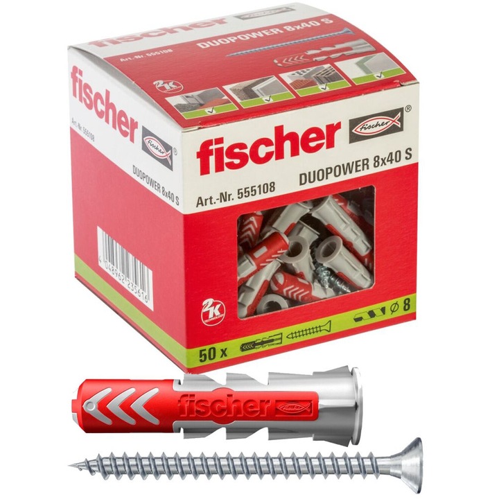 Комплект 50 дюбели Fischer DuoPower 8мм х 40мм, за бетон, гипсокартон, дърво, стомана, пластмаса