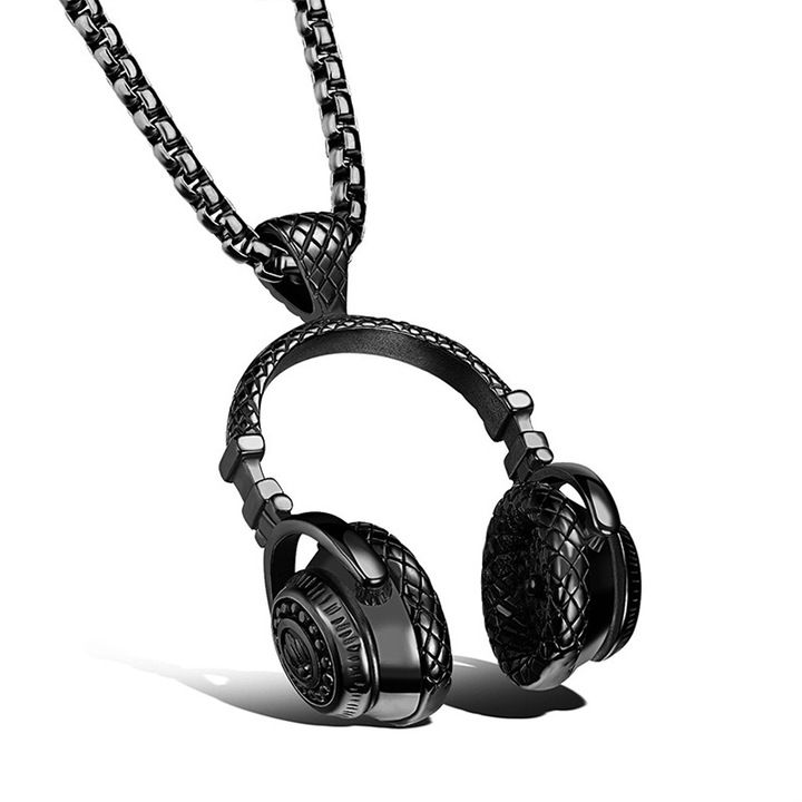Colier pandantiv casti hip hop, aliaj, negru, 3.2cm x 4.3cm x 60cm
