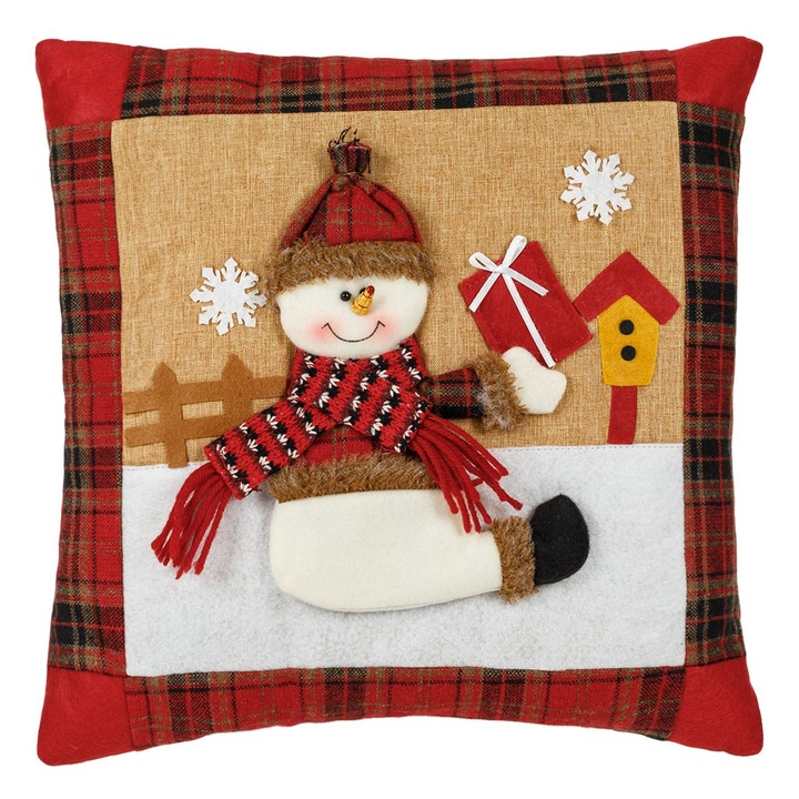 Perna Decorativa Craciun, Model Bordo Cu Carouri, Om de Zapada 3D, 35x35cm, Poliester, MYONNA IT & E- COMMERCE ®