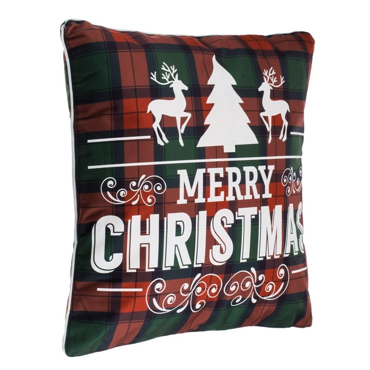 Karácsonyi díszpárna, márka nélkül, piros zöld kockás, 45x45 cm, boldog karácsonyt nyomat
