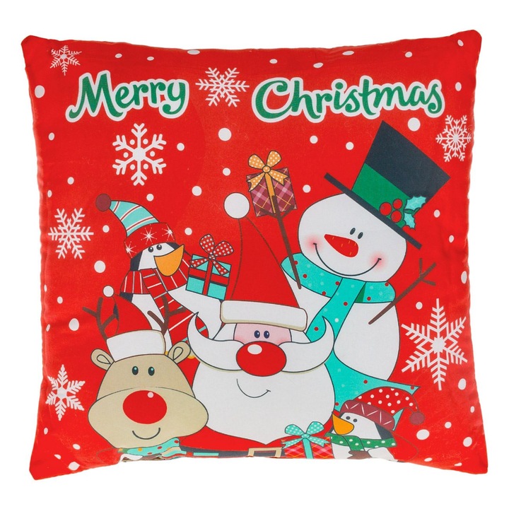 Díszpárna, gyerekeknek, Modell Mikulás Hóember és Barátok, Cipzár nélkül, Többszínű, 30x30cm