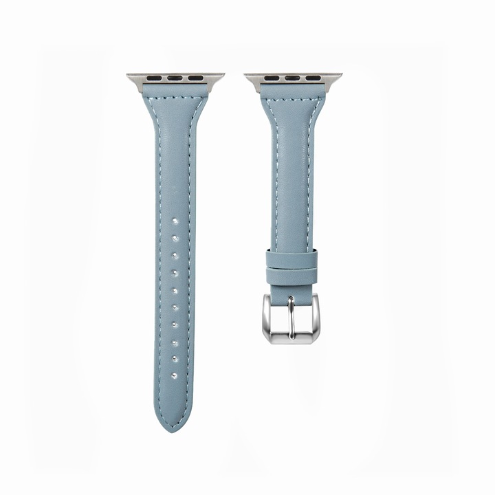 Тънка естествена кожена каишка, съвместима с Apple Watch Band 42/44/45/49MM, тънка горна кожена каишка за жени и мъже, съвместима с iWatch Series 10/9/8/7/6/5/4/3/2 /2 Ultra SE , синьо