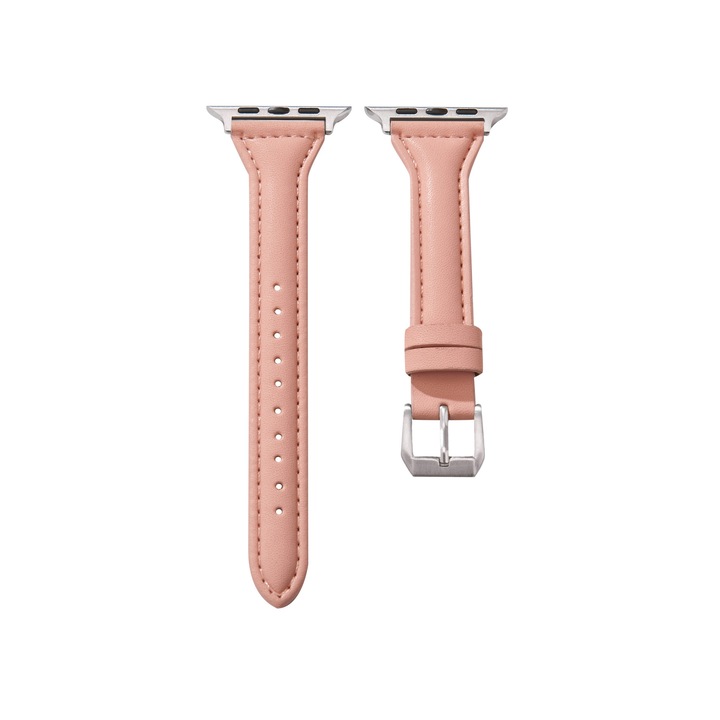Тънка естествена кожена каишка, съвместима с Apple Watch Band 42/44/45/49MM, тънка горна кожена каишка за жени и мъже, съвместима с iWatch Series 10/9/8/7/6/5/4/3/2 /2 Ultra SE , Пудрово розово