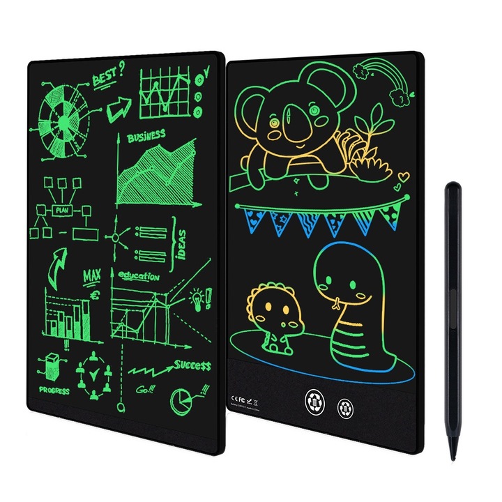 Tableta de scris si desenat, Golxmse, 9.5-inch, ecran dublu, LCD, pena dual-color, neagra, set complet